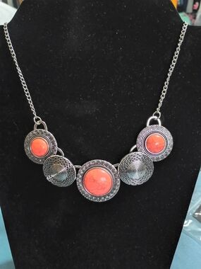 paparazzi Silver-Tone Necklace with Coral Orange Cabochons